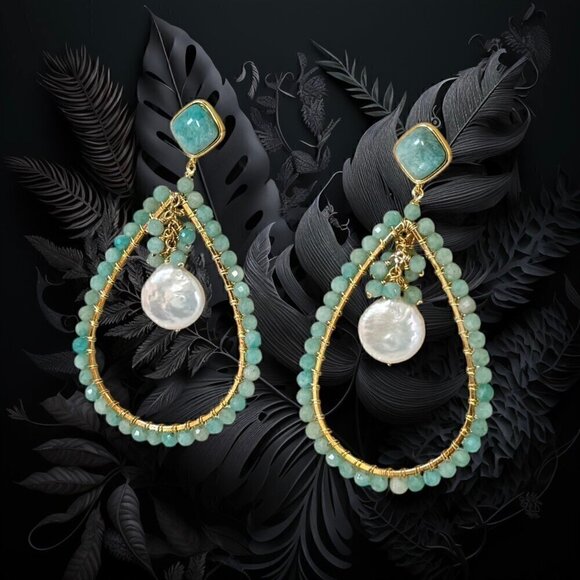 NEW Statement Chandelier Earrings Beaded Natural Amazonite Fresh Water Pearl 18K - Picture 11 of 12
